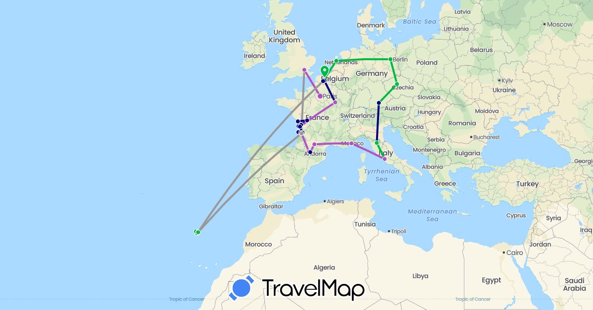 TravelMap itinerary: driving, bus, plane, train in Czech Republic, Germany, Spain, France, United Kingdom, Italy, Netherlands, Portugal (Europe)